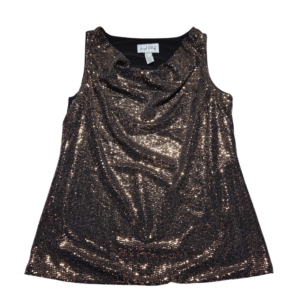 Joseph Ribkoff Bronze Sequined Cowl Neck Tank Top Black Back Y2K Party Size 10